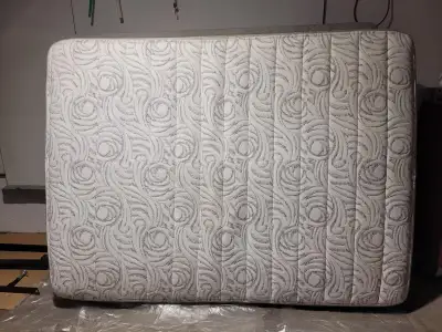 Queen size box spring, mattress, and metal frame., View more