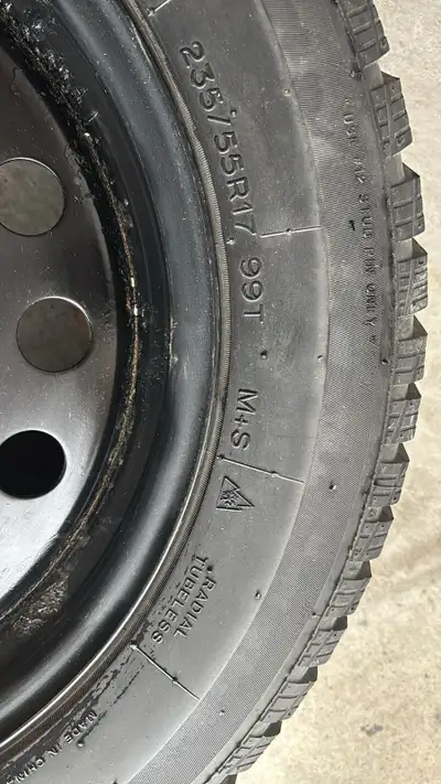 Lightly used winter tires with rims in good condition. Uniroyal 235 55 R17.