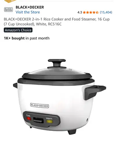BLACK+DECKER 2-in-1 Rice Cooker and Food Steamer, 16 Cup (7 Cup Uncooked), White, RC516C Retails: $3...