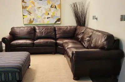 Almost new full top grain leather sectional couch can deliver, View more