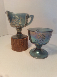 #115 Indiana Blue Harvest Grape Carnival Glass Cream & Sugar Set