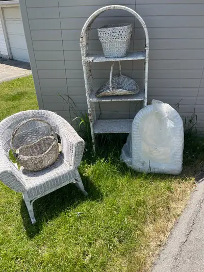 old wicker furniture and mirror with baskets, View more