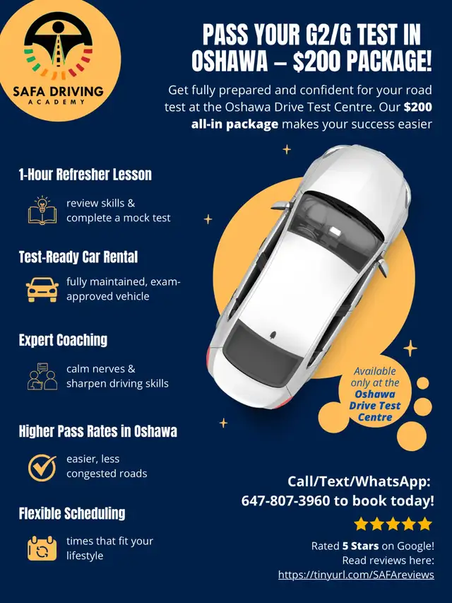 $200 G2/G Road Test Package – Car + 1-Hour Lesson (Oshawa)