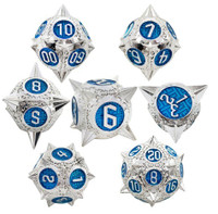 New Solid Metal 7-piece Polyhedral Blue/Silver DnD Dice Set