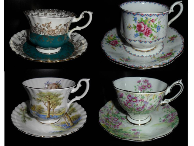 4 VINTAGE FOOTED ROYAL ALBERT BONE CHINA TEA CUPS & SAUCERS in Kitchen & Dining Wares in St. Catharines