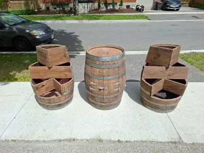 Wooden barrel cabinet and planters, View more