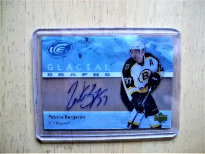 CARTE DE PATRICE BERGERON, 2007-08, UPPER DECK ICE GLACIAL GRAPHS ,AUTOGRAPHE ,TRÈS RARE ,MINT CONDI...