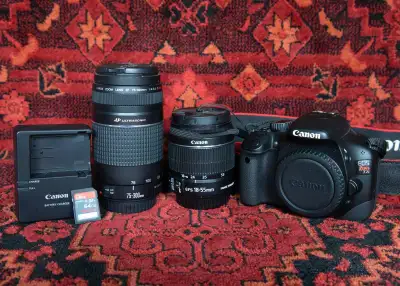 Gently used Canon EOS Rebel T2i DSLR body plus two lenses. EFS 18-55mm f 3.5-5.6 and EF 75-300mm f 4...
