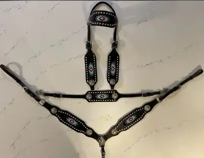 Western tack set. Comes with headstall, breast collar, wither strap and split reins. Buck stitched w...
