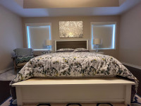 White Queen Bed with Dresser, Night Stand & 2 Glass Lamps
