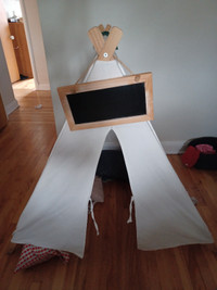 Wood and organic canvas play tent with chalkboard