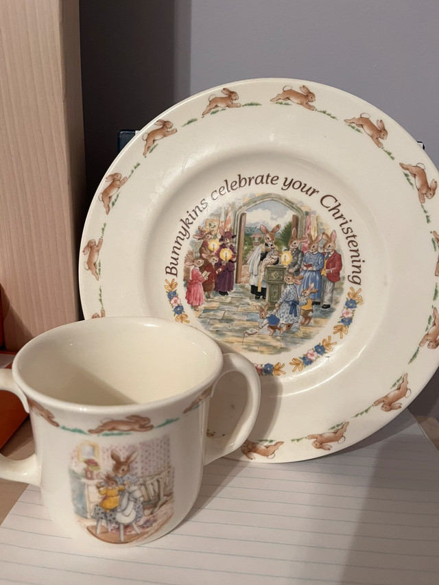 Royal Doulton Bunnykin Christening Plate and 2 Handled Mug in Arts & Collectibles in Chatham-Kent
