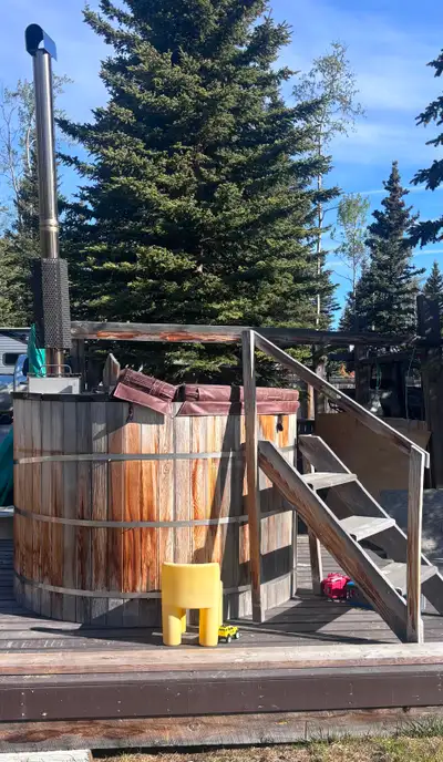 Wood fired cedar hot tub, View more