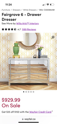 Mirrored 6 drawer dresser