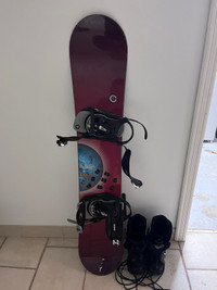 Snowboard, boots, bindings, helmet, goggles package