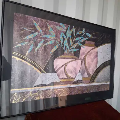 Vases artwork in colors with golden highlights 48"by 36" framed, View more