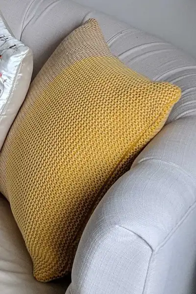EQ3 Pair of chunky knit throw pillow covers have a two-tone yellow and beige design. Material is sof...