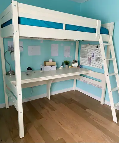 White Twin Loft Bed and Desk, View more