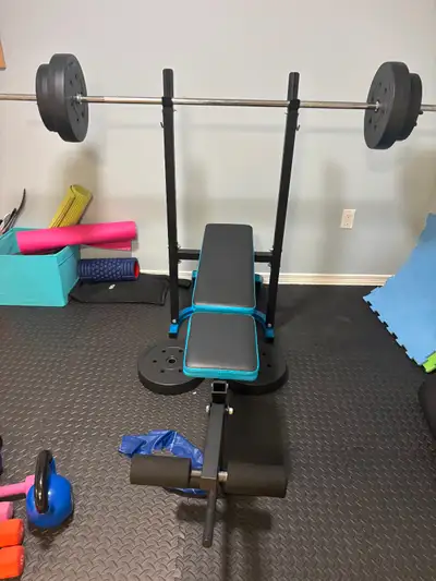Weight bench with bar and weights, View more