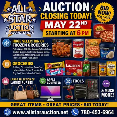 EDMONTON:  Timed Online Grocery & Consignment Auction-May 22@6pm, View more
