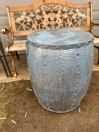 Large Metal Barrel with two handles, planter stand or table, $65