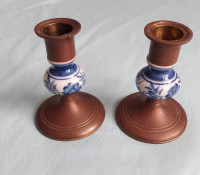 Two candle holders made of brass and ceramics.  In the style of 