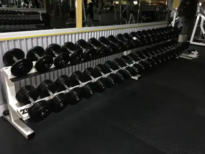 COMMERCIAL STEEL DUMBELL SETS 30LB - 130 LB-TOTAL 3,130 LBS- INCLUDES RACKS