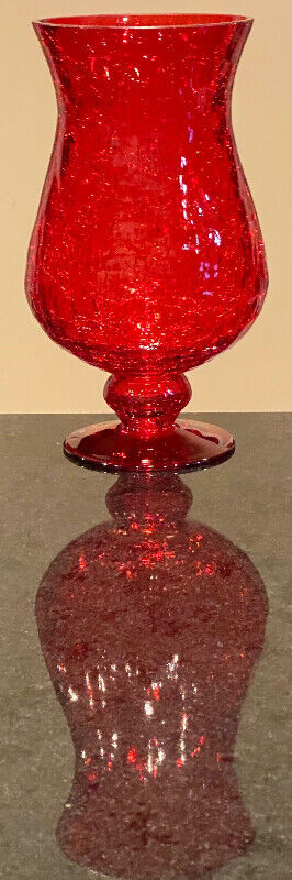 Vintage Footed Ruby Red CrackleGlass Vase Lantern Style in Arts & Collectibles in Hamilton