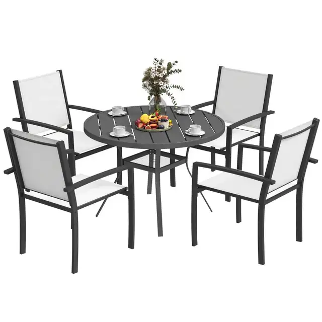 5 Piece Outdoor Dining Set with Round Table and 4 Stackable Chai in Patio & Garden Furniture in Markham / York Region - Image 3