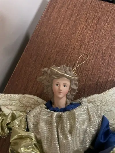 12" Tall Angel tree ornament, navy satin dress with gold overskirt, about 10" wide