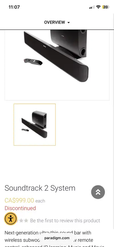 Like new condition paradigm soundtrack 2 sound bar with subwoofer. Retail is $999. Bluetooth capabil...