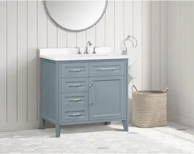 36” Freestanding bathroom vanity in Water Edge Blue painted finish Chrome hardware included White en...