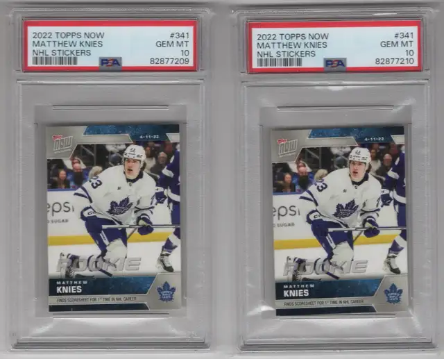 MATTHEW KNIES 2022 TOPPS NHL STICKERS - #341 PSA10 - POP 2 in Arts & Collectibles in Calgary - Image 2