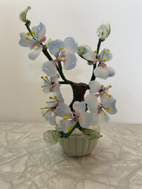 Vintage Chinese Small Blue & Jade Stone Glass Bonsai Flower Tree