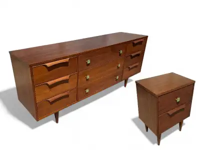 mid century walnut dresser and nightstand set