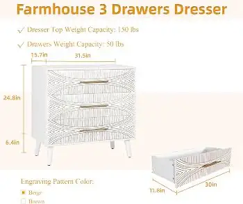 Large heavy duty nightstand 3 drawer dresser modern design, View more