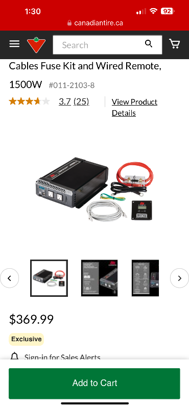 Motomaster Eliminator Inverter 1500w pure sine wave 3000w peak power 12v dc to 115v ac 13A Battery n...