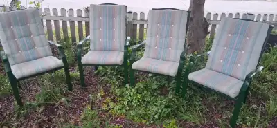 FOUR STURDY METAL STACKING PATIO CHAIRS w/CUSHIONS, View more