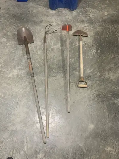This tool set includes a shovel, a pitchfork, and two hoes, perfect for various gardening and landsc...
