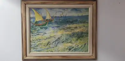 A beautiful print of sailboats by Vincent Van Gogh. A light colored frame surrounds the artwork. The...