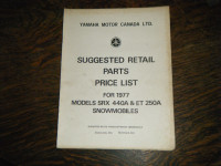 Yamaha SRX 440A, ET 250A Snowmobiles 1977 Parts Price List