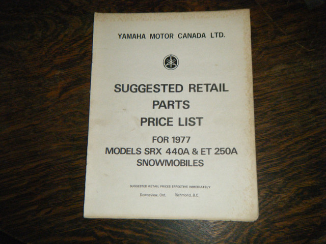 Yamaha SRX 440A, ET 250A Snowmobiles 1977 Parts Price List in Other in Oakville / Halton Region