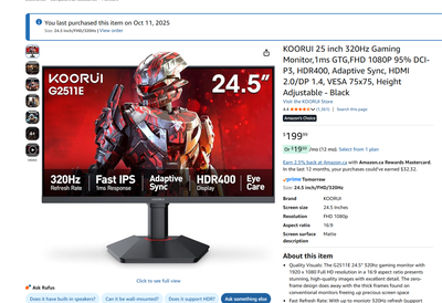 Selling my KOORUI G2511E 24.5-inch 320Hz gaming monitor., View more