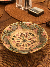 MCM Brass Pedestal Dish With Enamelled Pastel Floral Motif