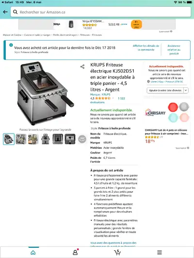 Friteuse à huile de 4.5 litres, 3 paniers, 4 préréglages, filtre anti-odeurs, fenêtre de visualisati...
