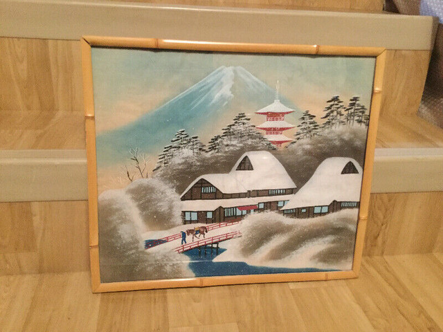 Vintage FOLK ART ...Painted on Silk On Board.....Bamboo Frame in Arts & Collectibles in Edmonton - Image 2