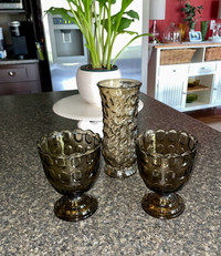 2 E.O Brody Thumbprint glass vases with 1 Crinkled glass vase
