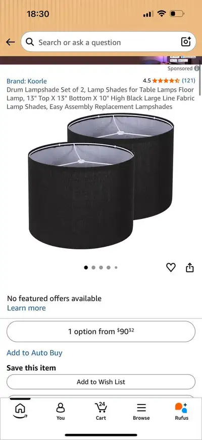 Koorle Drum Lamp Shades Set of 2 – Black Linen (13” x 13” x 10”), View more