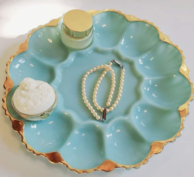 Vintage Robins Egg Blue 22-Karat Gold Milk Glass Catchall Dish in Arts & Collectibles in City of Toronto