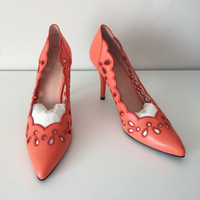 Women Shoes Stuart Weitzman Coral Leather Scalloped Heels Size 9